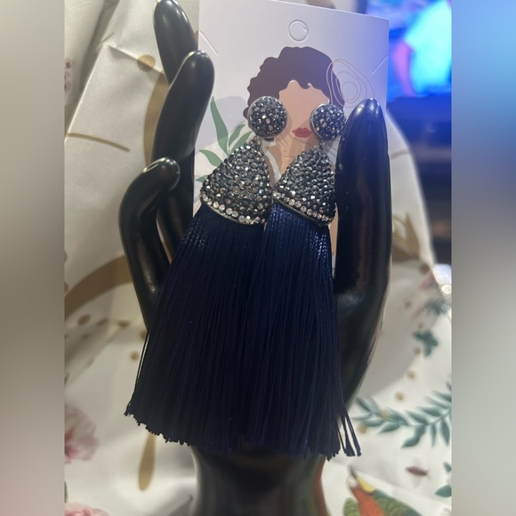 Jewelry - Chic Blue Tassel Earrings with Rhinestones